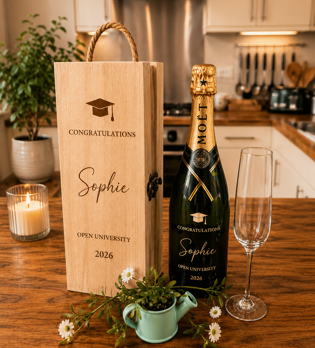 Personalised Graduation Wooden Wine Box | Engraved University Keepsake Gift