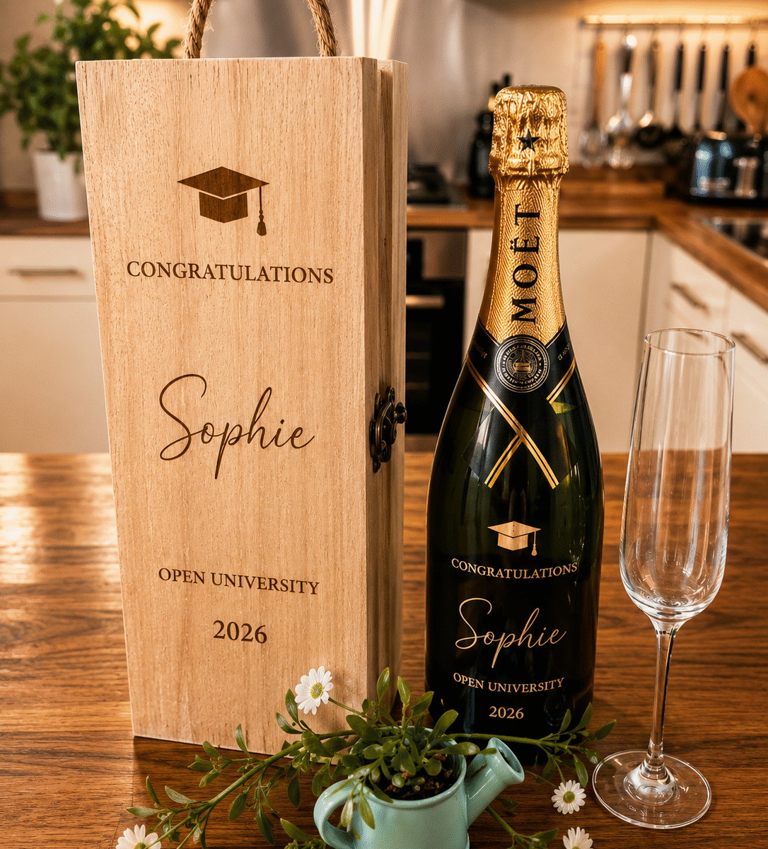 Personalised Graduation Wooden Wine Box | Engraved University Keepsake Gift