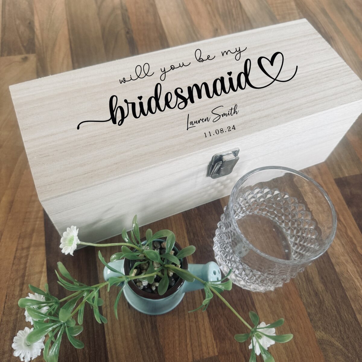 Personalised Will You Be My Bridesmaid Bottle Box | Personalised Wooden Whiskey / Gin / Spirit Box | Engraved Bottle Box | Wedding Gift Idea