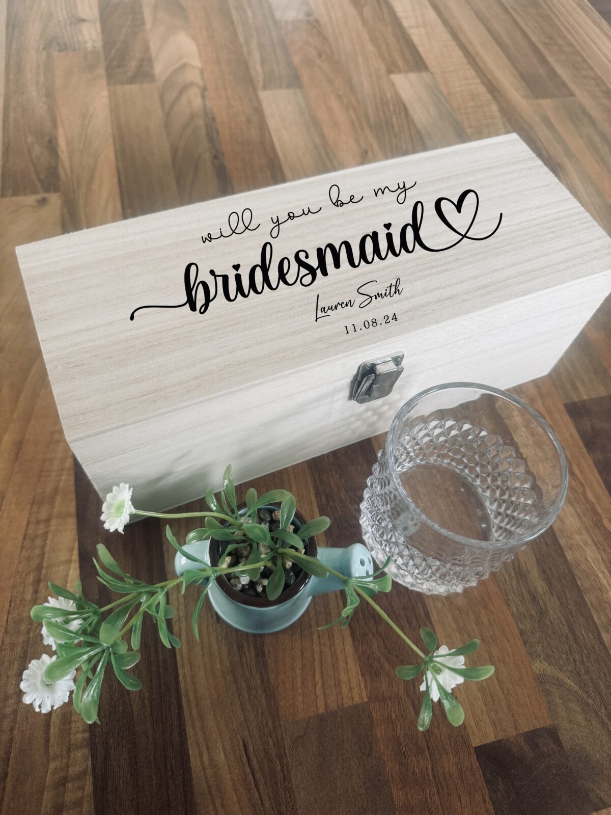 Personalised Will You Be My Bridesmaid Bottle Box | Personalised Wooden Whiskey / Gin / Spirit Box | Engraved Bottle Box | Wedding Gift Idea