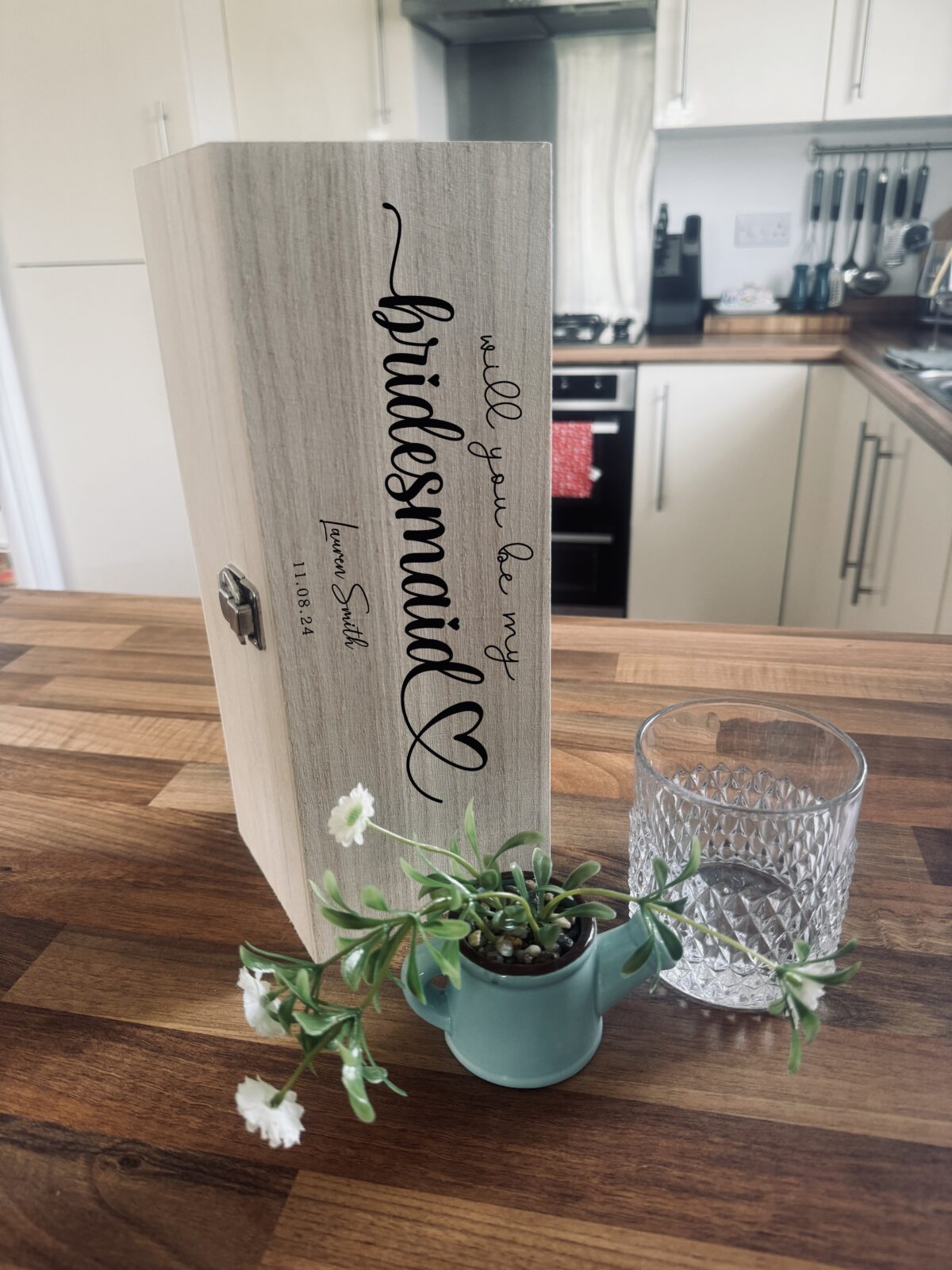Personalised Will You Be My Bridesmaid Bottle Box | Personalised Wooden Whiskey / Gin / Spirit Box | Engraved Bottle Box | Wedding Gift Idea - Image 2