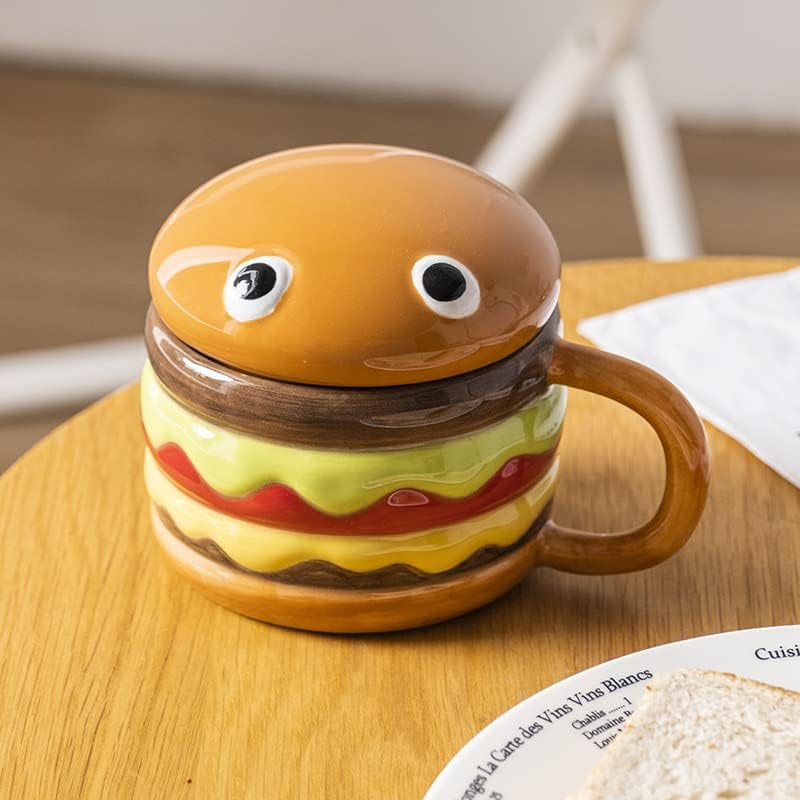 Cartoon Hamburger Ceramic 300ml Coffee Mug with Lid | Cheeseburger Shape Ceramic Coffee Tea Mugs | Funny Gifts for Family and Friends