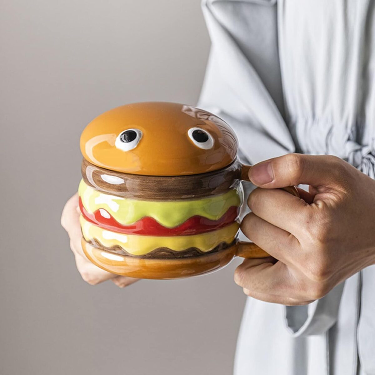Cartoon Hamburger Ceramic 300ml Coffee Mug with Lid | Cheeseburger Shape Ceramic Coffee Tea Mugs | Funny Gifts for Family and Friends - Image 3