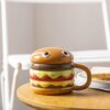 Cartoon Hamburger Ceramic 300ml Coffee Mug with Lid | Cheeseburger Shape Ceramic Coffee Tea Mugs | Funny Gifts for Family and Friends - Image 2