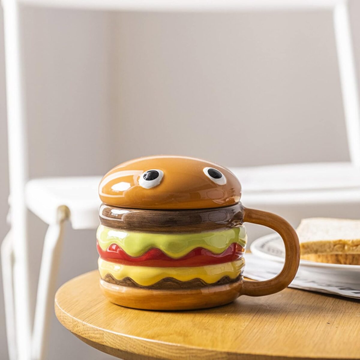 Cartoon Hamburger Ceramic 300ml Coffee Mug with Lid | Cheeseburger Shape Ceramic Coffee Tea Mugs | Funny Gifts for Family and Friends - Image 2