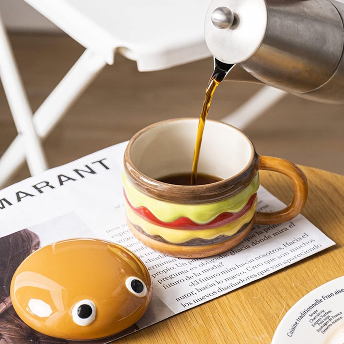 Cartoon Hamburger Ceramic 300ml Coffee Mug with Lid | Cheeseburger Shape Ceramic Coffee Tea Mugs | Funny Gifts for Family and Friends - Image 4