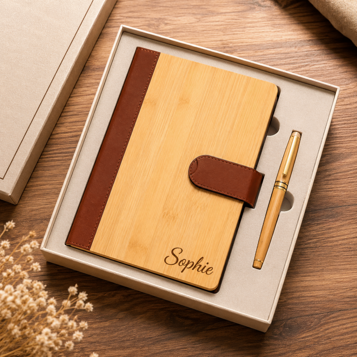 Personalised Bamboo Notebook & Pen Gift Set | Engraved Journal Gift | Wooden Leather Notebook | Custom Engraved Office Gift | Teacher Gift UK