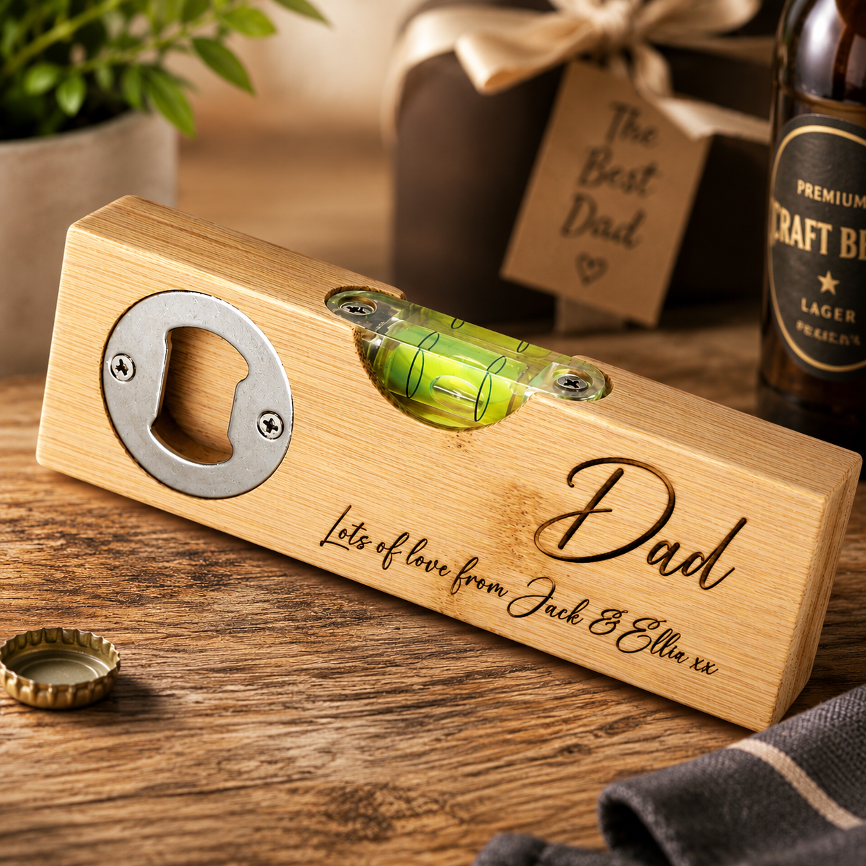 Personalised Bottle Opener Spirit Level | Engraved Wooden Tool Gift for Him | Custom Gift | Unique DIY Gift | Fathers Day Gift - Image 2