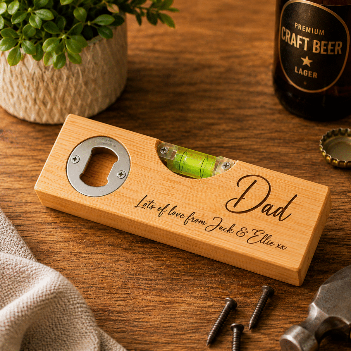 Personalised Bamboo Bottle Opener Spirit Level | Engraved Wooden Tool Gift for Him