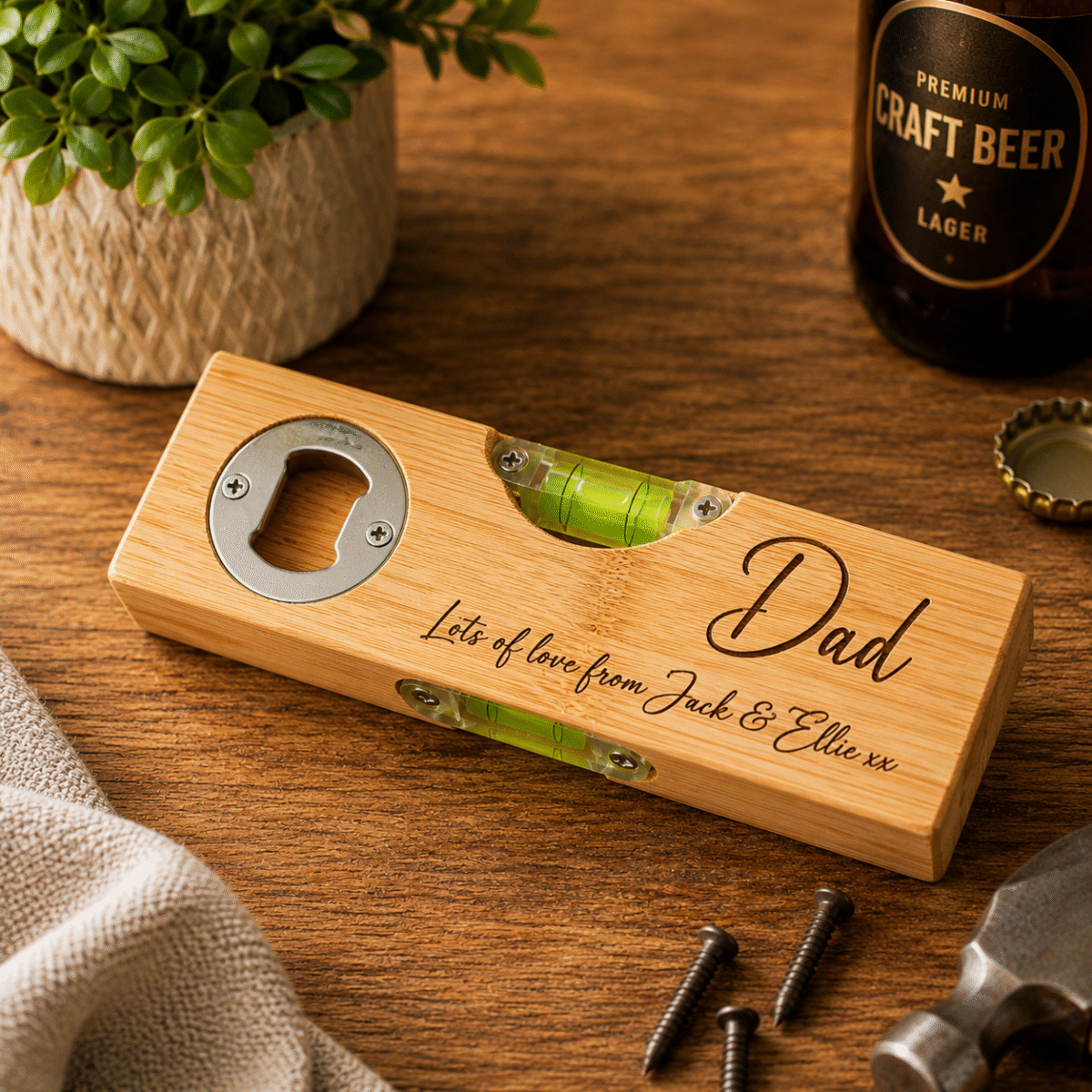 Personalised Bottle Opener Spirit Level | Engraved Wooden Tool Gift for Him | Custom Gift | Unique DIY Gift | Fathers Day Gift