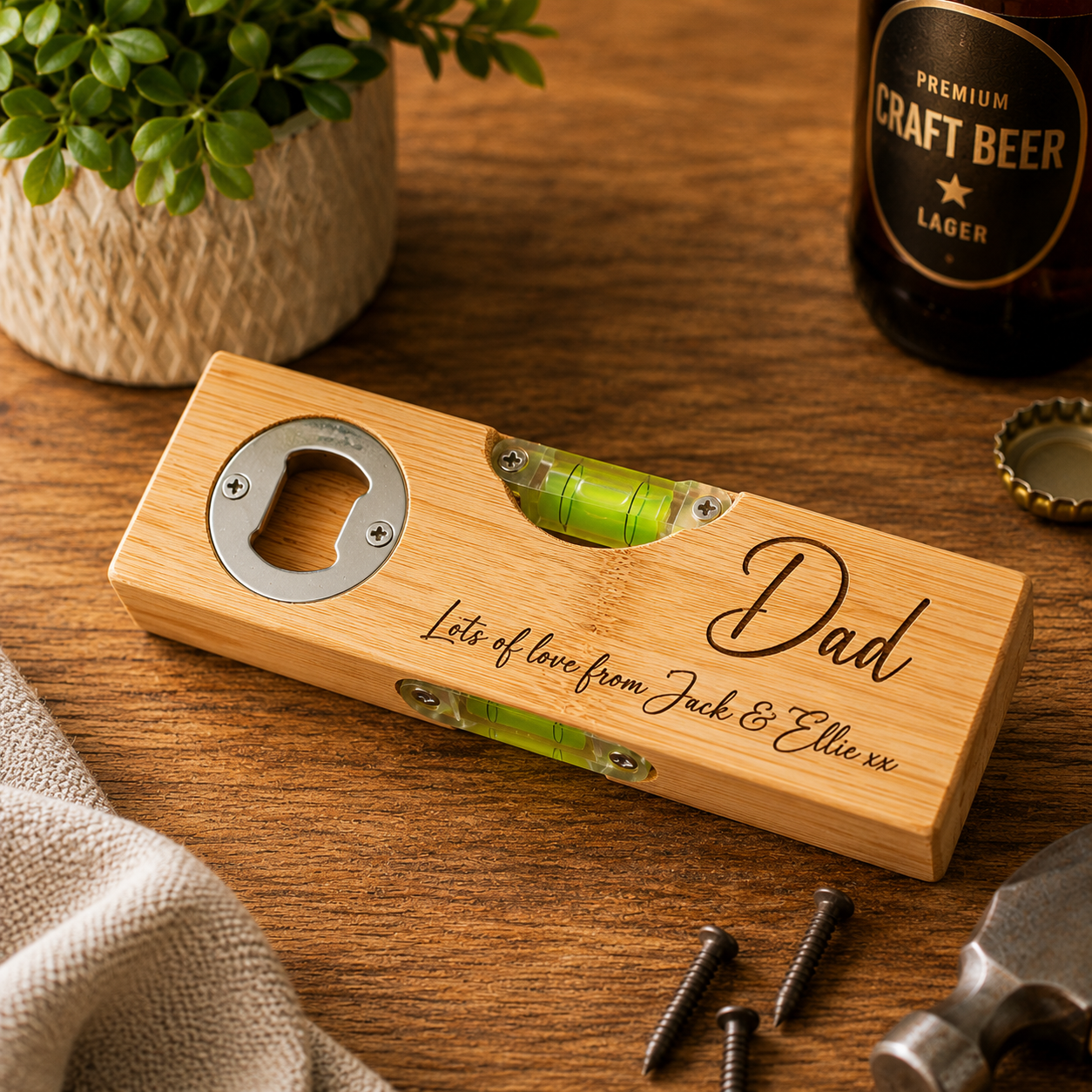 Personalised Bottle Opener Spirit Level | Engraved Wooden Tool Gift for Him | Custom Gift | Unique DIY Gift | Fathers Day Gift