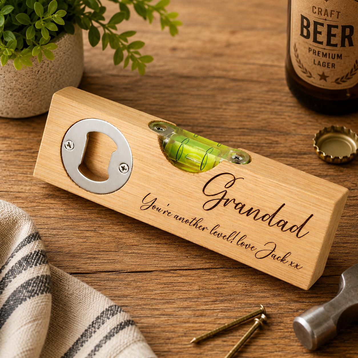 Personalised Bottle Opener Spirit Level | Engraved Wooden Tool Gift for Him | Custom Gift | Unique DIY Gift | Fathers Day Gift - Image 3