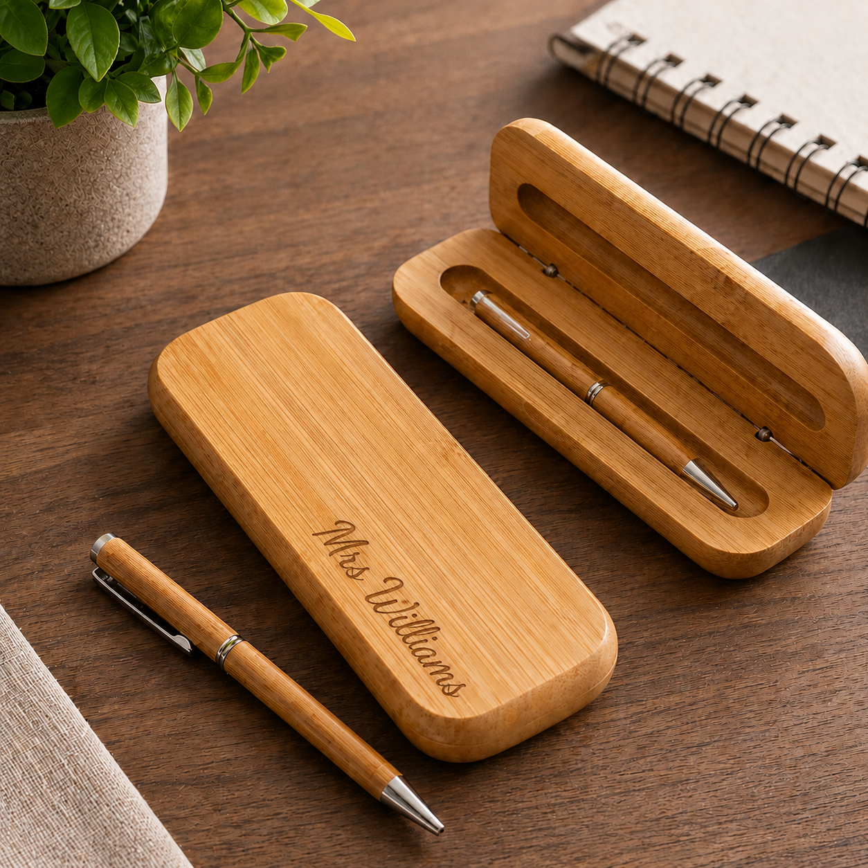 Personalised Bamboo Pen Case Set | Custom Engraved Ballpoint Pen Gift